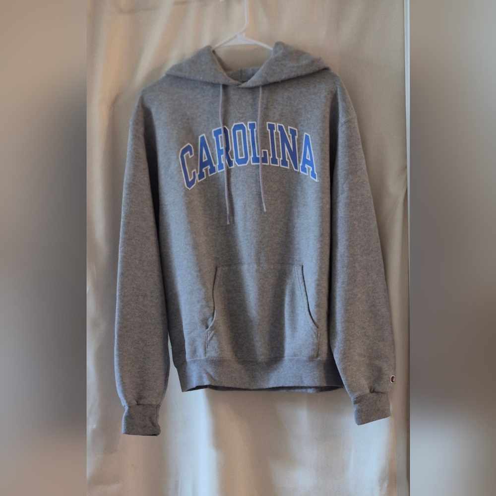 Champion Heather Gray Hoodie with Blue Carolina Print